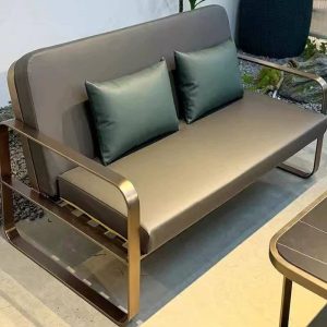Hideskin Patio Sofa Konversationsset mit dunkelgrünen Kissen, 4-teilig in Grau mit Mitternachtsschwarz Stein Tisch, UV-beständig, 4-teiliges Set (2 Stühle & 1 Loveseat & 1 Couchtisch)