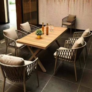 Minimalistisches Terrassen-Essset mit Tisch & Stuhl, 7-teilig/9-teilig/5-teilig in natürlicher Farbe, wetterfestes Metallgestell - 86.6"L x 35.4"B x 29.5"H Tisch & 6 Stühle