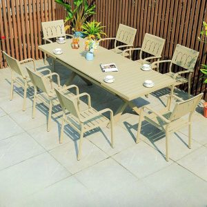 Elfenbein 9-teiliges Set Patio Esszimmer-Set mit Alloy Sitzmöbeln, sonnengeschützten Stühlen und Tisch, Casual Stil, Tisch & 8 Stühle