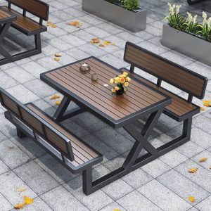 Outdoor-Picknicktisch mit Legierungsrahmen in Kakao, UV-beständig, Art-Deco-Stil, Schwarz, 70"L x 63"B x 31"H