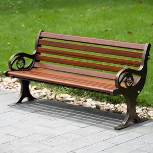 Art-Deco-Patio-Bank aus Zitronenfarbener Legierung mit geschwungener Armlehne und Rückenlehne, Gelb-Braun, 47"L x 22"B x 29"H