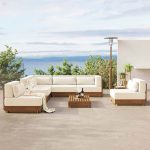 Minimalistisches Teak-Sofa mit hellgrauer Polsterung, abnehmbarem Kissen, modularer Design, Sitzplätze 1, UV-beständig, mittlere Position Stuhl