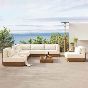 Minimalistisches Teak-Sofa mit hellgrauer Polsterung, abnehmbarem Kissen, modularer Design, Sitzplätze 1, UV-beständig, mittlere Position Stuhl
