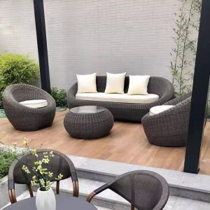 Dunkelgraues PE-Rattan Einzelsitzersofa mit weißer Textilbezug, abnehmbaren Kissen, wasserbeständig mit Stuhl, 1-Sitzer Sofa