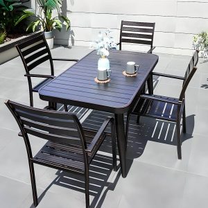 Casual Alloy Patio Esszimmer-Set mit wetterfester Tinte Tisch und Stühlen, 7-teilig, Schwarz, 71"L x 35"B x 28"H, Tisch & 6 Stühle