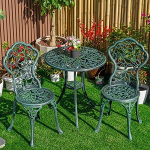 Kreide feuerfestes Metall-Gartenset, 3-teilig, rund mit Stuhl & Tisch, Weiß, Schreibtisch mit 2 Stühlen