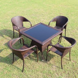 Sonnengeschütztes Outdoor-Esstischset mit glasierter Tischplatte, runder Tintentisch, Stuhl, 5-teiliges Set mit Tisch, 35.4"L x 35.4"B x 29.1"H, Tisch & 4 Stühle