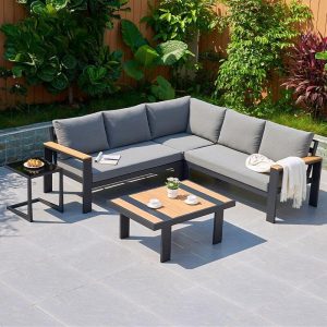 Textil-Patio-Sofa-Konversationsset mit hellbraunem Tisch aus Holzwerkstoff, grauer Polsterung, 4-teilig mit Loveseat und Stuhl, 4-teiliges Set (2 Loveseats & 1 Einzelsitzer & 1 Couchtisch)