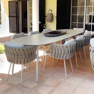 Polsterte Taubengraue Terrassen-Esszimmergarnitur mit Stuhl und Tisch, 7-teilig Wetterfest Minimalistisch, 55"L x 35"B x 29"H, Tisch & 6 Stühle