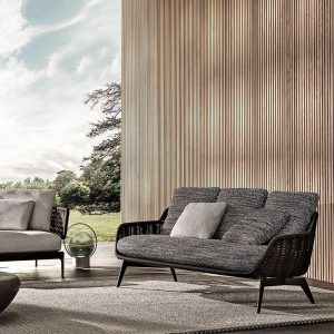 Teakholzfarbe Sofa für 3 mit Kissen, UV-beständig, minimalistischer Stil, und Kissen inklusive, Off-White, Holz, 3-Sitzer Sofa