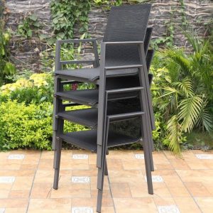 Dunkelgraues gesintertes Stein-Patio-Esstischset, feuerfest, 7-teilig rechteckig mit Stuhl und Tisch, Schwarz/Gold, Tisch & 6 Stühle