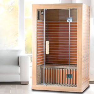 Braune Indoor-Holz-Ferninfrarotsaunen mit verstellbarer Temperatur mit Boden, Bank für 2 Personen, 45"L x 39"B x 75"H