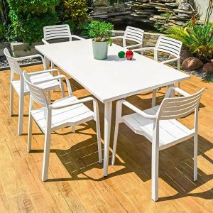 Modernes Outdoor-Essset mit Kreide feuerfestem Metalltisch und Stuhl, 5-teilig, 63"L x 35.5"B x 28.3"H, Tisch & 4 Stühle