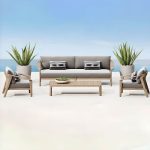 Luxuriöses 4-teiliges Garten-Sofa-Set mit Teak-Tischplatte, weißem Synthetikfaser-Bezug, hellbraunem Tisch, Loveseat, Zitronenfarbe Kissen - Couchtisch