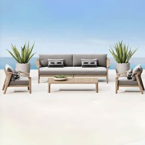 Luxuriöses 4-teiliges Garten-Sofa-Set mit Teak-Tischplatte, weißem Synthetikfaser-Bezug, hellbraunem Tisch, Loveseat, Zitronenfarbe Kissen - Couchtisch