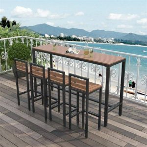 Industrieller Metall- und Holz-Bartisch für die Terrasse im Freien mit nicht klappbarem Design und mittlerem Holzton - Nur Tisch 94,5"L x 15,7"B x 41,3"H