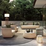 4-teiliges Outdoor-Sofa-Garnitur-Set mit Leinenstoff, weißem Tisch, gesinterter Steinplatte, Sofa, UV-beständig und weißen Kissen, 4-teiliges Set (2 Stühle & 1 3-Personen-Sofa & 1 Couchtisch)