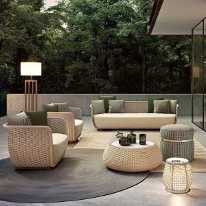 4-teiliges Outdoor-Sofa-Garnitur-Set mit Leinenstoff, weißem Tisch, gesinterter Steinplatte, Sofa, UV-beständig und weißen Kissen, 4-teiliges Set (2 Stühle & 1 3-Personen-Sofa & 1 Couchtisch)