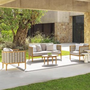 Zeitgenössisches Holzfarbe Loveseat, UV-beständig mit Kissen für 2 Personen, Legierungsrahmen, Kissen inklusive, Loveseat
