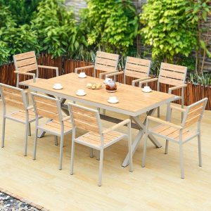 Holzmaserung Outdoor-Esstischset mit Sitzmöbeln aus Ingenieurholz, wetterfester Stuhl und Tisch, moderner Stil, 86,6"L x 35,4"B x 29,5"H, Schreibtisch & 10 Stühle