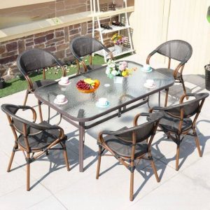 Outdoor-Essset mit Stoffbezug, Klare Tischplatte, 7-teiliges Set, Rechteckform, Sonnengeschützt mit Stuhl & Tisch, 59"L x 35"B x 28"H, Tisch & 6 Stühle