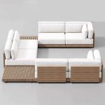 Outdoor-Sofa-Konversationsset mit Textilbezug, 6-teiliges Set, Teakholzrahmen in Sepia, weißer Bezug, UV-beständig, gepolsterte Rückenlehne, 6-teiliges Set (4 Stühle & 2 Ecksofas)