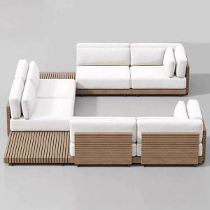 Outdoor-Sofa-Konversationsset mit Textilbezug, 6-teiliges Set, Teakholzrahmen in Sepia, weißer Bezug, UV-beständig, gepolsterte Rückenlehne, 6-teiliges Set (4 Stühle & 2 Ecksofas)