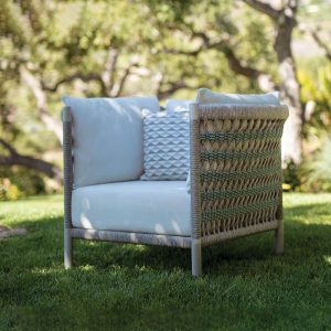 4-teiliges Outdoor-Sofa-Set mit Textilbezug in Kreide, 2 Tischen in Schwarz, Steintischplatte und UV-beständig, 4-teiliges Set (Einzelsitzer & Loveseat & Beistelltisch & Couchtisch)