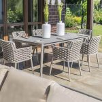Minimalistisches 7-teiliges wetterfestes Patio-Esstischset mit taubengrauem Tisch und Stoffstuhl, 55.1"L x 31.5"B x 29.5"H, Tisch & 6 Stühle