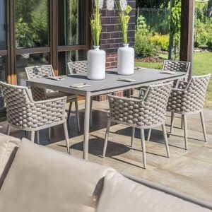 Minimalistisches 7-teiliges wetterfestes Patio-Esstischset mit taubengrauem Tisch und Stoffstuhl, 55.1"L x 31.5"B x 29.5"H, Tisch & 6 Stühle