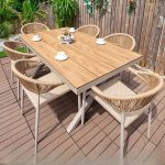 Holzoptik-Patio-Essset mit Metallrahmen, witterungsbeständig, 7-teilig mit Stuhl und Tisch, lässiger Stil, 63"L x 35,4"B x 29,5"H, Tisch & 6 Stühle