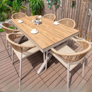 Holzoptik-Patio-Essset mit Metallrahmen, witterungsbeständig, 7-teilig mit Stuhl und Tisch, lässiger Stil, 63"L x 35,4"B x 29,5"H, Tisch & 6 Stühle