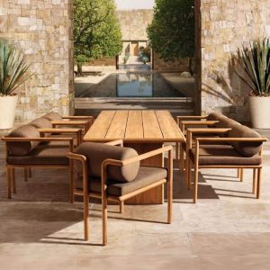 Gartentisch mit natürlicher Teakholz-Tischplatte, rechteckiges Design im Art-Deco-Stil, natürliche Oberfläche, 110,2"L x 35,4"B x 29,5"H, nur Tisch