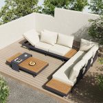 Modernes Metall-Patio-Set UV-, wasser- und feuerfest faltbar ohne Ottoman benötigt - 3-teilig (3-Sitzer Mittelposition Sofa & 3-Sitzer Sofa & Couchtisch)