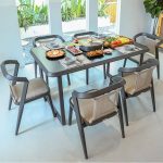 Minimalistischer Aluminium Anti-UV Outdoor Seitenstuhl mit Kissen, grauer Rücken, 2 Stühle, dunkelgrau, 2-teiliges Set