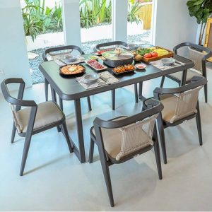 Minimalistischer Aluminium Anti-UV Outdoor Seitenstuhl mit Kissen, grauer Rücken, 2 Stühle, dunkelgrau, 2-teiliges Set