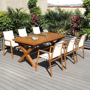 Stoff-Patio-Esszimmer-Set, 7-teilig, braun wetterfest mit Stuhl & Tisch, minimalistischer Stil, Weiß, 94"L x 35"B x 29"H, Tisch & 6 Stühle