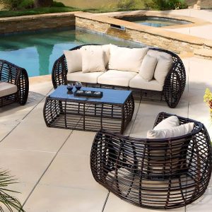 Textile Patio-Sofa-Garnitur mit Tischplatte aus Glas, weißer Polsterung, weißem Kissen, 4-teilig, Tinte Tisch, 4-teiliges Set (2 Stühle & 1 3-Personen-Sofa & 1 Couchtisch)