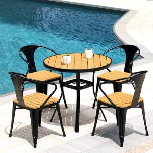 Patio-Essgruppe mit Holzoptik aus Holzwerkstoff, sonnengeschützt rund mit Stuhl und Tisch, 5-teilig, Tisch & 4 Stühle
