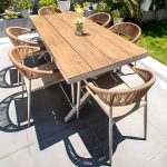 Khaki Modernes Outdoor-Esstischset mit wetterfestem Metallrahmen, 7-teiliges Set mit Stuhl & Tisch, 70.9"L x 35.4"B x 29.9"H, Tisch & 6 Stühle, Teak