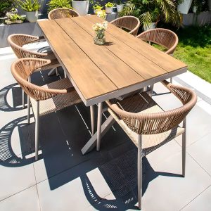 Khaki Modernes Outdoor-Esstischset mit wetterfestem Metallrahmen, 7-teiliges Set mit Stuhl & Tisch, 70.9"L x 35.4"B x 29.9"H, Tisch & 6 Stühle, Teak