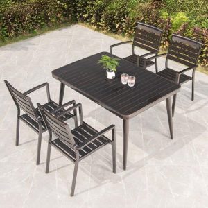 Modernes Legierungs-Außendining-Set mit wetterfester Pekannuss-Tisch und Stühlen, 5-teilig, Tisch & 4 Stühle, 51"L x 35"B x 28"H