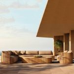 Einfaches 1-teiliges natürliches Holz UV-beständiges gerahmtes braunes Kissen-Sofa für 3 Personen, 3-Sitzer Sofa