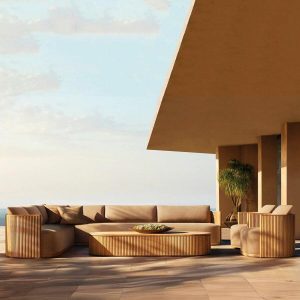 Einfaches 1-teiliges natürliches Holz UV-beständiges gerahmtes braunes Kissen-Sofa für 3 Personen, 3-Sitzer Sofa