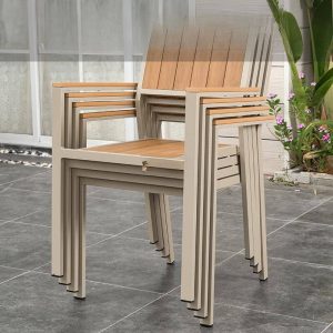 Minimalistisches Terrassen-Essset aus Ingenieurholz mit wetterfester beiger Tisch und Stuhl, 5-teilig, Tisch & 4 Stühle, 41"L x 41"B x 29"H