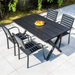 Moderner Outdoor-Esstisch mit Sitzmöbeln aus Ingenieurholz, wetterfest, Tintenfarbe, 5-teilig, Stuhl & Tisch, 59,1"L x 35,4"B x 29,5"H, Tisch & 4 Stühle