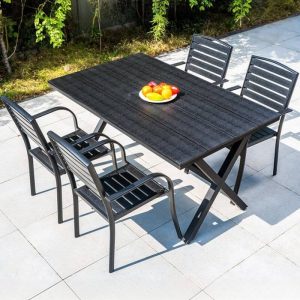 Moderner Outdoor-Esstisch mit Sitzmöbeln aus Ingenieurholz, wetterfest, Tintenfarbe, 5-teilig, Stuhl & Tisch, 59,1"L x 35,4"B x 29,5"H, Tisch & 4 Stühle