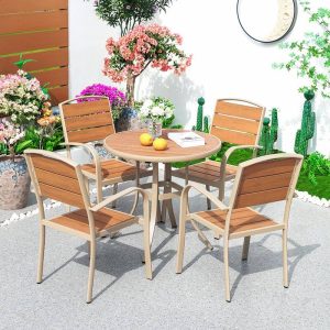 Runder Patio-Esstisch mit natürlicher Oberfläche aus Legierung im Art-Deco-Stil, 31.5"L x 31.5"B x 28.7"H, Nur Tisch