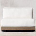Moderner einzelner Mittelsitz mit Teakrahmen in Kakao, Kreidekissen, synthetischem Faserbezug, Stuhl, gepolsterter Rückenlehne, mittleres Sofa