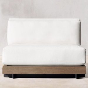 Moderner einzelner Mittelsitz mit Teakrahmen in Kakao, Kreidekissen, synthetischem Faserbezug, Stuhl, gepolsterter Rückenlehne, mittleres Sofa